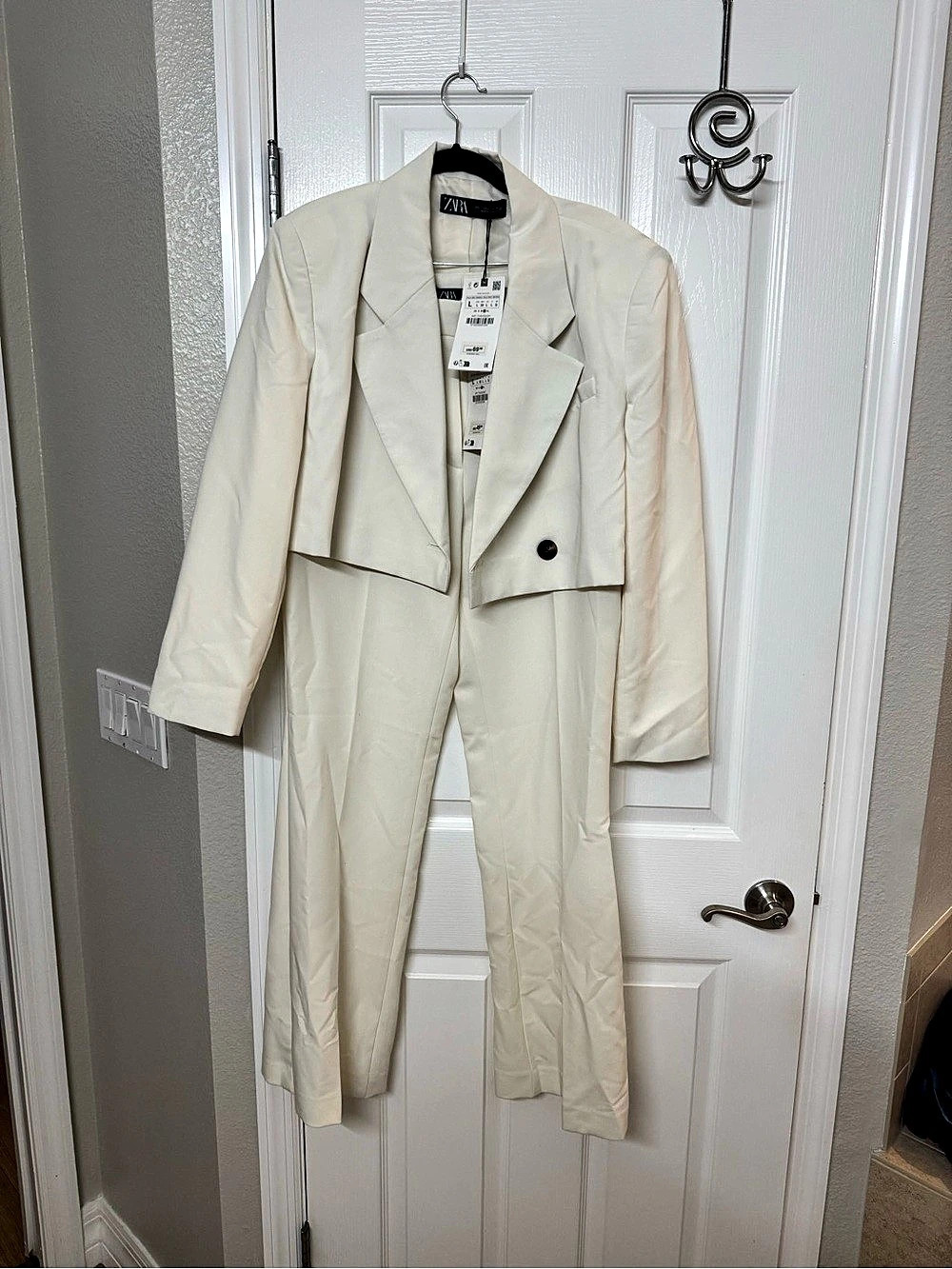 Zara White Blazer Set Cream Cropped Pantsuit Size Large NWT